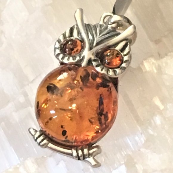 Baltic Amber Owl .925 Pendant Cognac Color Sterling Silver Genuine Large - Picture 10 of 14